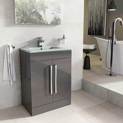 The Bath People Newton 600mm Bathroom Anthracite Grey Vanity Unit | Floor Standing Includes White Glass Basin With Soft Close Doors | Bathroom St
