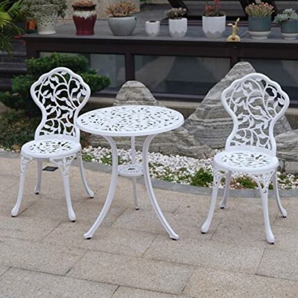 Kaili Patio Bistro Sets 3 Piece cast Aluminum Patio Furniture Outdoor Garden Metal Rust Proof Tables and Chairs White bisrto Set (Leaf-White)