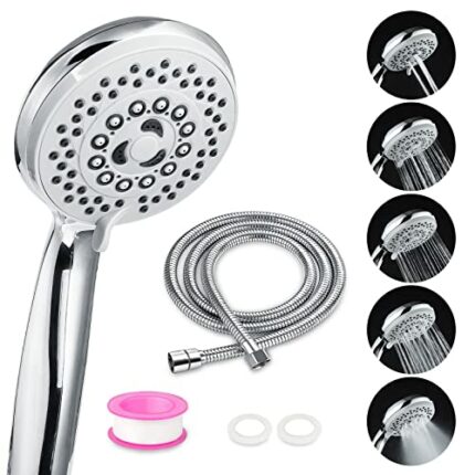 Shower Head with Hose, VOLUEX Handheld High Pressure Universal Fitting 5 Spraying Setting Showerhead with 2m Universal Shower Hose for Bath Showe