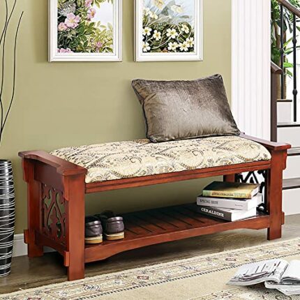Entryway Bench,Solid Wood Shoe Bench End of Bed Bench,Rustic Shoe Storage Bench Upholstered Bench Seat,Comfy Shoe Rack Bench Bedroom Bench-Brown