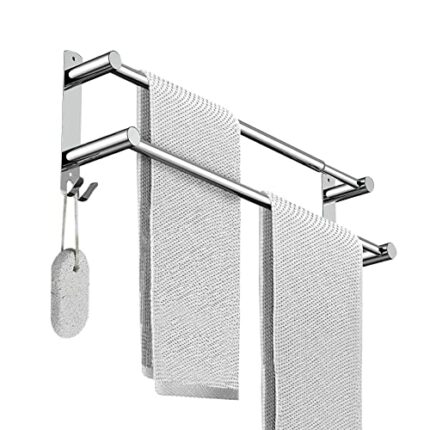 BIGLUFU Towel Rail Self Adhesive 2-Tier Bath Towel Rack Wall Mounted, SUS 304 Stainless Steel Towel Holder with 2 Hooks Towel Shelf Bar for Bathr
