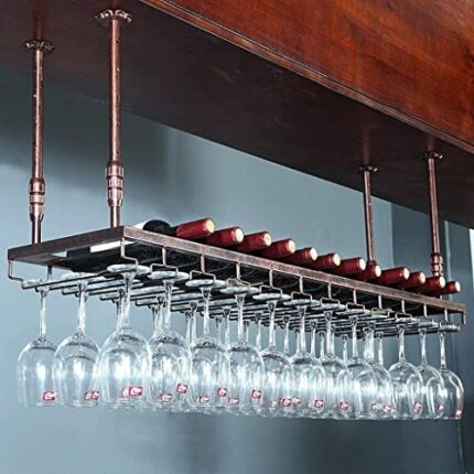 Vintage Wine Racks Ceiling-Type Wine Holder, Metal Wine Bottle Holder Hanging Wine Glass Racks,Goblet Stemware Racks for Bar Home Kitchen -Bronze