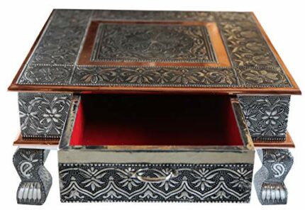 AA Shopers 12"x12" Oxidised Copper Bajot Low Table Bajath Chowkie Coffee Wedding Puja Camping Table with Drawer Storage