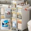9''W Small Bathroom Storage Cabinet, 4 Tier Narrow Bathroom Floor Cabinet Large Capacity with Plastic Drawers and Casters Slim Toilet Paper Stora