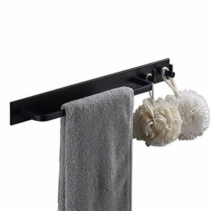 Bathroom Towel Bar, Aluminum Towel Rail with 2 Hooks, Patented Glue + 3M Self-Adhesive, 42cm, Black, Beelee H8-W571-Y0E9