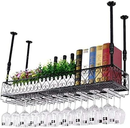 SUCHETA Hanging Wine Rack with Glass Holder and Shelf, Bar Goblet Stemware Glass Rack Floating Shelves Wall-Mounted Wine Racks Hanging Wine Holde