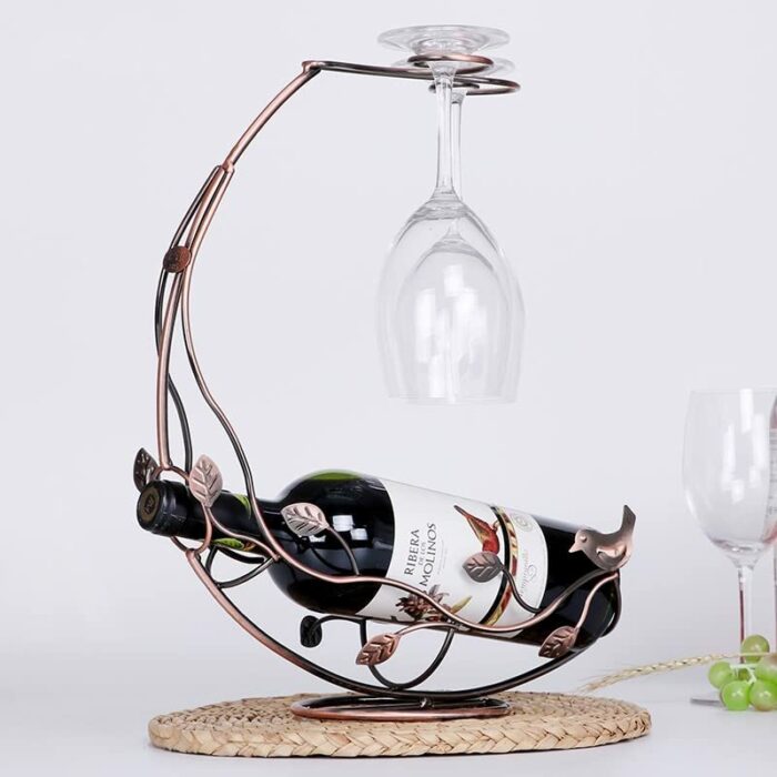 Ecostan Wine Holder Stand &Kitchen Tabletop Decoration，Metal Wine Bottle Rack for Holds 1 Bottle 2 Glasses（Bronze）