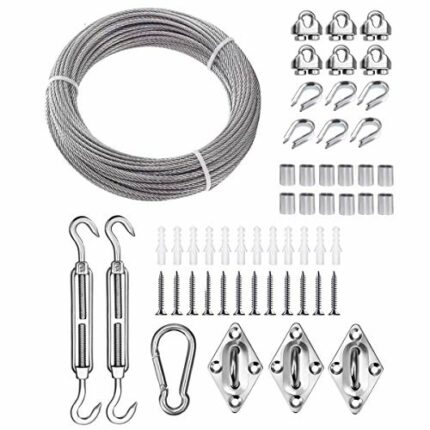 TooTaci 3mm Wire Rope Kit,Outdoor Lights Hanging Kit,15M/3mm T316 Stainless Steel Cable Wire Rope,M6 Turnbuckle Wire Tensioner Kit for Sun Shade