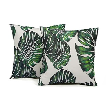 Brentfords 2 x Tropical Leaf Cushion Covers Water Resistant Decorative Green Printed Outdoor Garden Sofa Chair Seat Pillow, 45 x 45cm