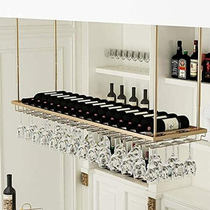 SUCHETA Hanging Wine Rack with Glass Holder and Shelf, Wine Rack Ceiling Wine Racks, Hanging Wine Glass Holder, Upside Down Home Wine Holder, Win