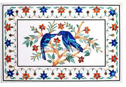 Gifts And Artefacts 36 x 48 Inches White Rectangle Shape Marble Dining Table Top Nature Pattern Inlay Work Wall Panel for Kitchen Decor