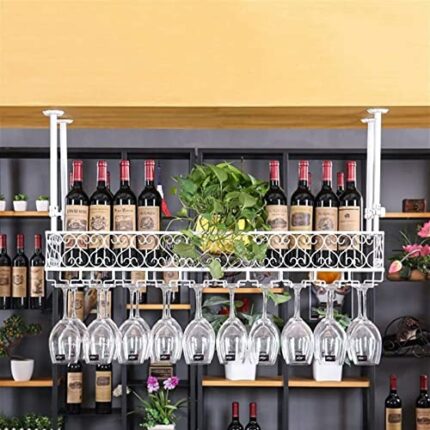 EYLINK Ceiling Wine Rack, Adjustable Height, Industrial Metal Wine Bottle Holder, White Stemware Holder, Restaurants/Bars/Home Decorative Storage