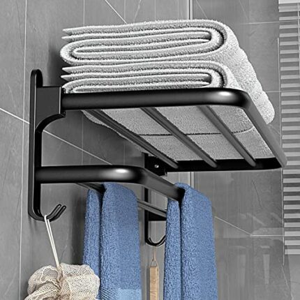 Foldable Towel Rack with Towel Bar Holder, Towel Shelf with Hooks, Rustproof Towel Storage Wall Mount for Bathroom Lavatory Matte Black
