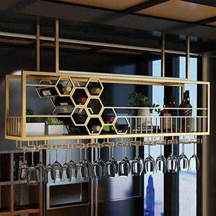 Gold Ceiling Mounted Wine Bottle Rack, Bar Liquor Shelves Shelf with Glass Holder, Hanging Display Rack for Home Bar Dining Room Kitchen