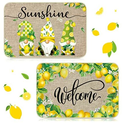 Timgle 2 Pcs Lemon Gnomes Doormat Non Slip Summer Gnomes Rug 15.75 x 23.62 Inch Decorative Lemon Entrance Door Mat Gnome Welcome Mat Indoor Outdo