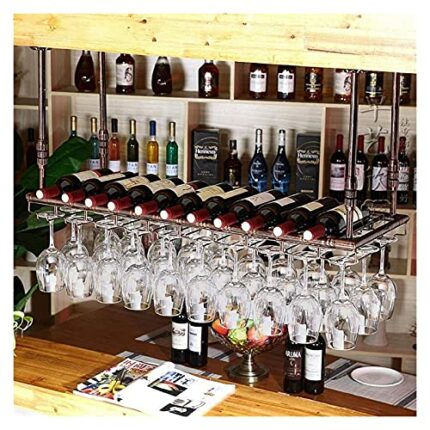 SUCHETA Hanging Wine Rack with Glass Holder and Shelf, Wine Rack Ceiling Wine Racks, Wine Rack Decoration, Hanging Glass Holder, Upside Down Gobl