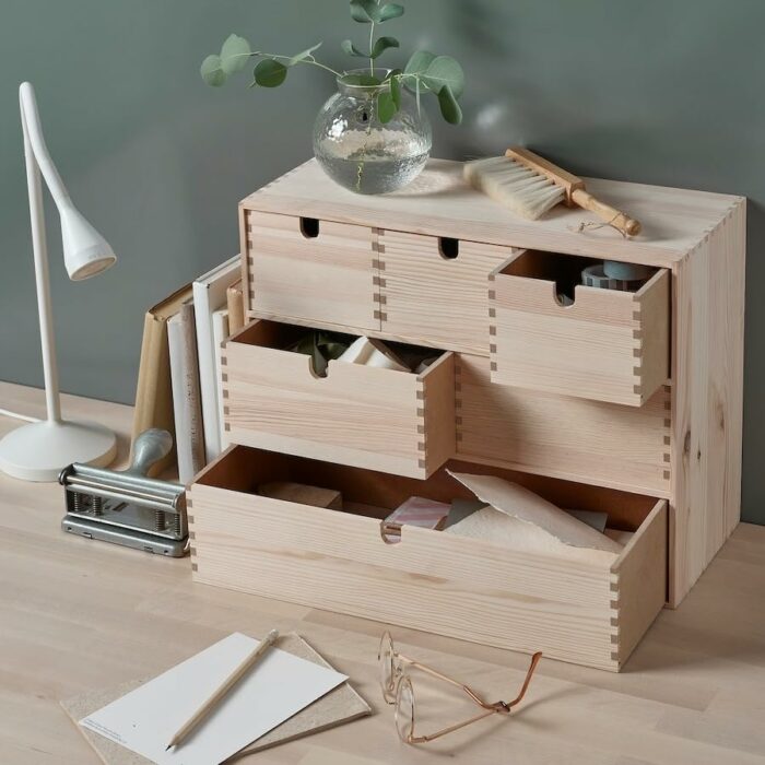 FAKHRI MOPPE Mini chest of drawers, pine, 42x18x32 cm, Home Office Wooden Desk Storage Organizer Box with 6 Drawers