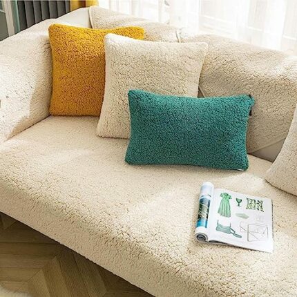 PUDLVA Soft Warm Couch Cover, Fleece Plush Sofa Slipcover Fuzzy Anti Slip Sectional, Thick Furniture Protector for Living Room,Beige,90 x 180
