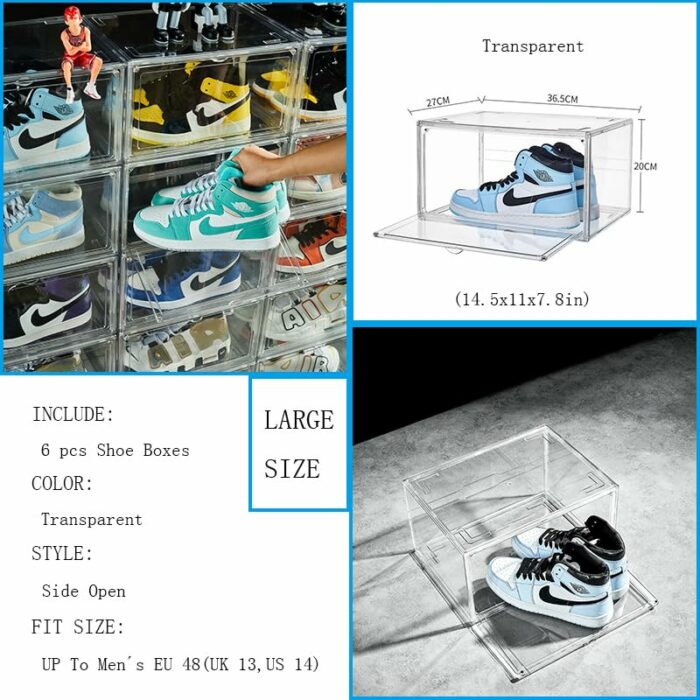 MECC 6 Pack Shoe Boxes, 360° Clear Transparent Stackable Shoe Box with Lids，14.5x11x7.8in Acrylic Sneaker Storage Organizer,Large Display Case Co