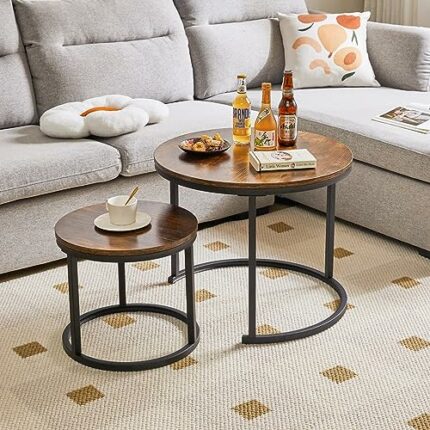 IBUYKE Round Nesting Table, Removable Set of 2 Coffee Tables, Stacking Sofa Side Table End Table, for Living Room, Bedroom, Office, Balcony, Apar