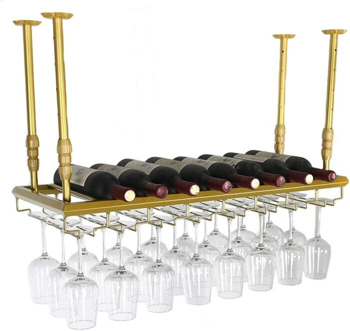 Wine racks Home/Bar Retro with Stemware Holder | Wall Mounted Hanging Metal Wine Bottle Stand | Vintage Industrial Wine Glasses Shelf, Adjustable