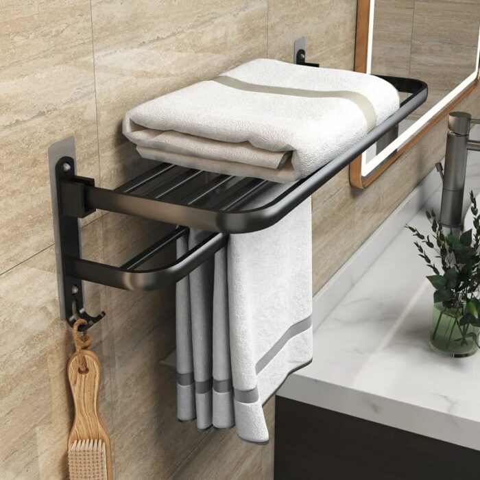 JZZANG Bathroom Towel Rack, Aluminum Wall Mounted Stainless Steel Self Adhesive Towel Rail, Towel Holder with 2 Towel, with 5 Hooks, for Home Bat
