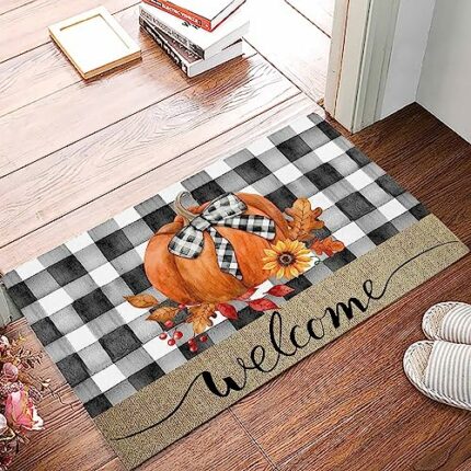 Fall Pumpkin Welcome Mats Thanksgiving Decor Door Mat Black Gray Plaid Buffallo Doomat Front Door Indoor Outdoor Entryway Rug Washable Non-Slip K