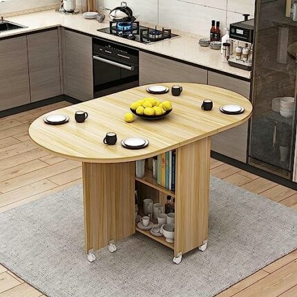 Folding Dining Table, Expandable Kitchen Table with 2 Storage Racks And 6 Wheels, Space Saving Drop Leaf Table for Kitchen/Living Room/Home Offic