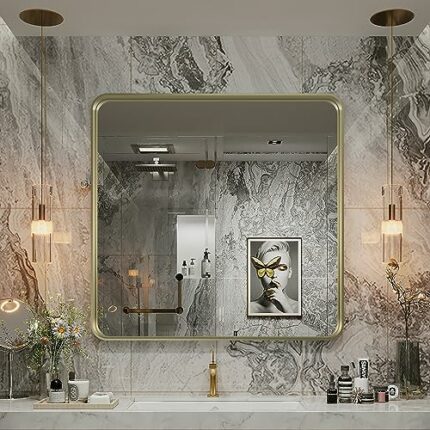Wanzvisk 36x36 Gold Bathroom Mirror, Wall Mounted Bathroom Vanity Mirror, Rectangluar Metal Framed Mirror