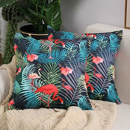 COFEDE Cushion Covers 16x16,Pack of 2 Outdoor Waterproof Garden Cushion Cases for Outside Sofa Bedroom,40x40cm(Flamingo)