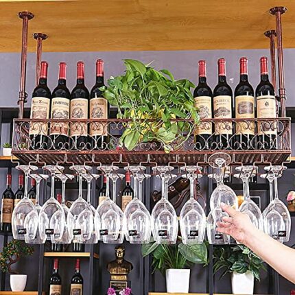 EMISOO Wine Racks Ceiling-Type Wine Holder Wine Bottle Holder, Hanging Wine Glass Racks Goblet Stemware Racks Vintage Home Decor Retro Bronze (Si