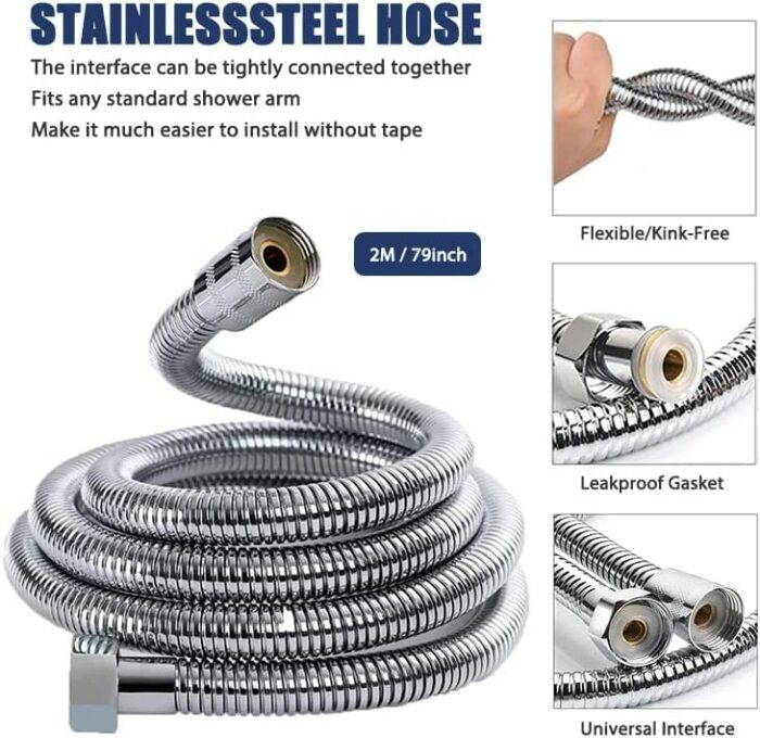 Shower Head and Hose 2M, Universal Shower Heads to Increase High Pressure, Handheld Shower Head with Twin Turbo Fan/Pause Switch/360° Rotating, W