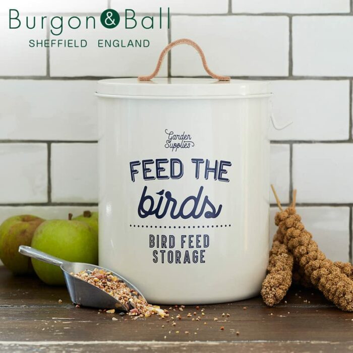 Burgon & Ball Tin Bird Food Storage, 25 cm Height x 18 cm Diameter, Stone Cream & Leather Handled Seed Packets Storage Tin, Atlantic Blue