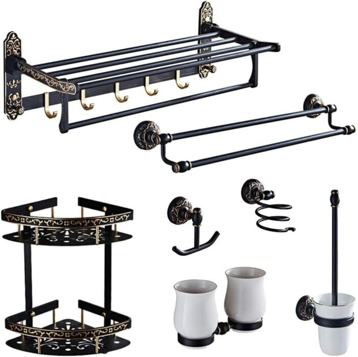 RAKUTE Black Gold Bathroom Hardware Set Wall Mounted, Toilet Brush, Tissue Holder, Extended Tissue Box, Soap Net, Towel Ring, Row Hook Bathroom R