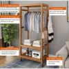 Clothes rack bamboo coat rack with wheels, 2 shelves and 2 hooks, coat rack, for bedroom office hallway