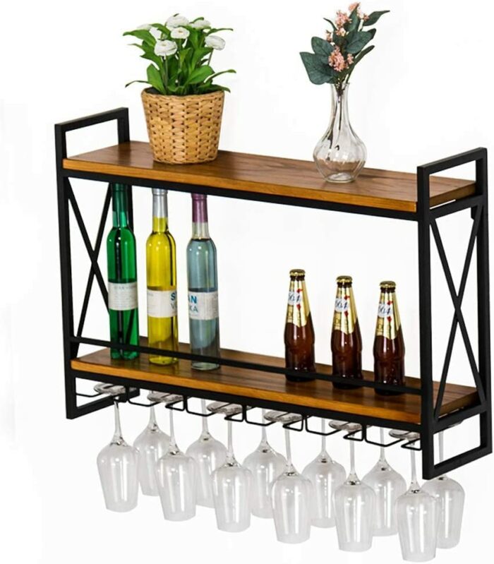 Vintage Wine Rack Wall Shelf for Bar Kitchen, Wall-mounted 2-Tiers Wall Wine Bottle Rack and Wine Glass Rack, Metal and Wood Rustic Floating Shel