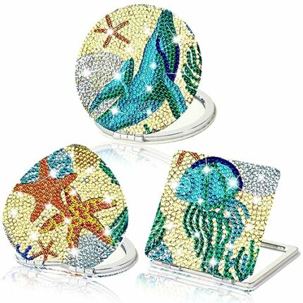 UPINS Diamond Painting Mirror, 3 Pcs Diamond Art Compact Mirror Folding Diamond Dots Mirror Protable Magnifying Mirror Pocket Makeup Mirror Diamo