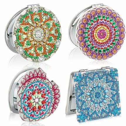 SAVITA 4PCS Diamond Compact Mirrors, Mandala Style Diamond Art Makeup Mirror Compact Mirror with Magnification Wallet Mirror Pocket Mirror for Wo