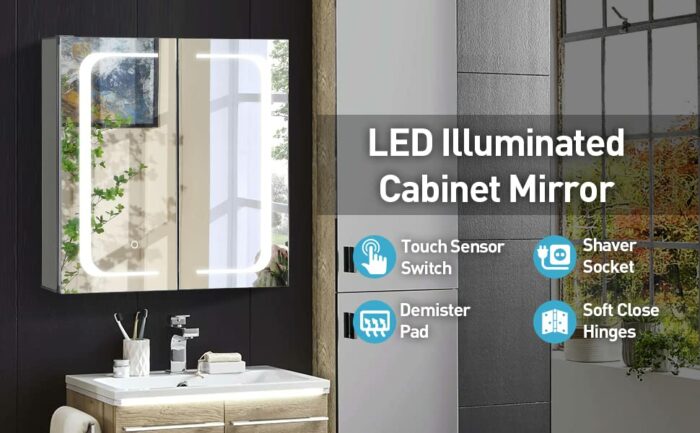 TMEE Bathroom Mirror Cabinet with Illuminated Light and Shaver Socket, Make Up Storage with Adjustable Shelf and Demister Pad, Aluminum Alloy Led