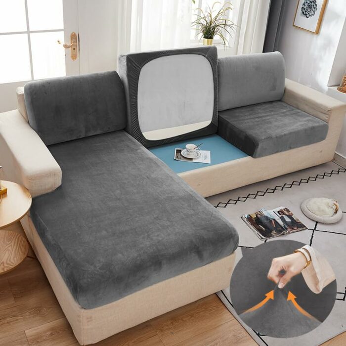 Caijin Sofa Seat Cushion Cover,Soft Velvet Fabric Couch Cushion Slipcover,Stretch Velvet Fabric Elastic Bottom（Black, 3 Seater）