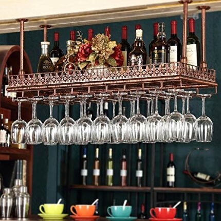 PIBM Bar Fashion Creative Wine Glass Rack Suspension Wine Rack Ceiling Wine Bottle Rack European Style Goblet Holder Ktv J1022, Copper , L100×W35