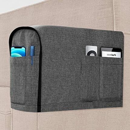 Naturoom Armrest Covers with 4 Pockets, Linen Anti-Slip Furniture Protector Recliner Couch Sofa Slipcovers for Storage TV Remote, Phone, Books,Gr
