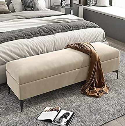 storage bench, velvet upholstered footbed bench, premium locker bedroom bench with storage, hallway shoe bench,Khaki,60x40x43cm(24x16x17inch)
