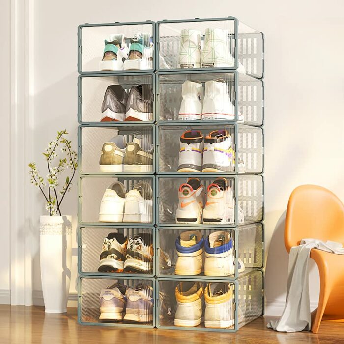 Senhill 6 Pack Shoe Boxes Stackable Shoes Storage ABS Plastic Clear Shoe Organizer Shoes Case Shoes Cabinet Shoe Holder Clamshell Drawer Shoe Box