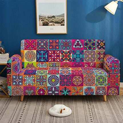 Chickwin-Shop Stretch Sofa Covers 4 Seater Single Sofa Slipcovers Dog Cat Pet Friendly Non Slip Soft 1-piece Red Mandala Armchair Couch Covers Wa