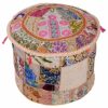 Stylo Culture 22" Living Room Pouffe Footstool Pouf Cover Indian Ethnic Cotton Patchwork Embroidered Ottoman Stool Pouf Cover Beige Floral Ottoma