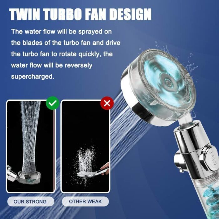 Shower Head and Hose 2M, Universal Shower Heads to Increase High Pressure, Handheld Shower Head with Twin Turbo Fan/Pause Switch/360° Rotating, W