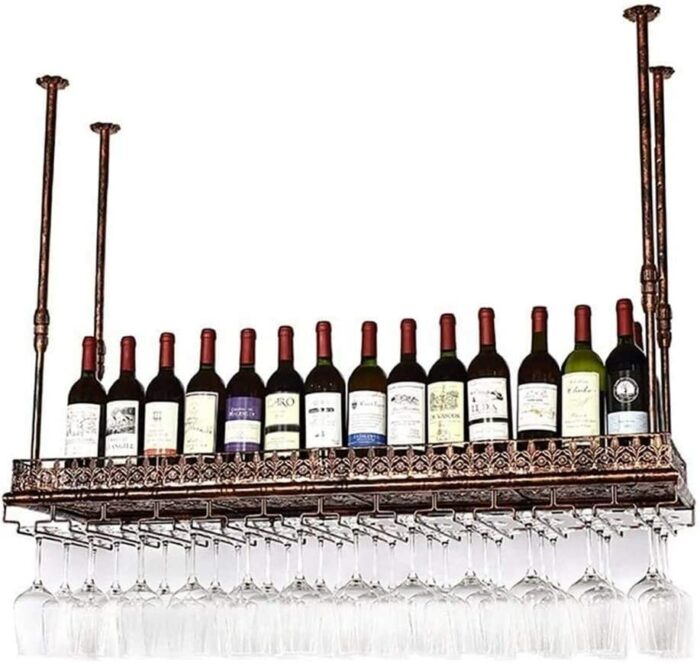 EYLINK Ceiling Hanging Wine Racks, Metal Suspended Wine Glass Holder Metal | Wine Bottle Holder Stemware Goblet Rack for Home Kitchen Bar, Vintag