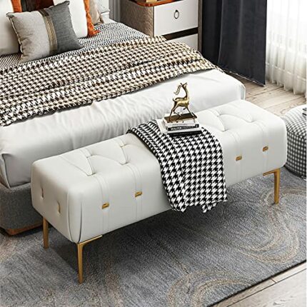 Luxurious End of Bed Bench,Leather Upholstered Bench Bedroom Bench with Golden Legs,Entryway Bench,Modern Bench Seat for Livng Room-Light Gray 80