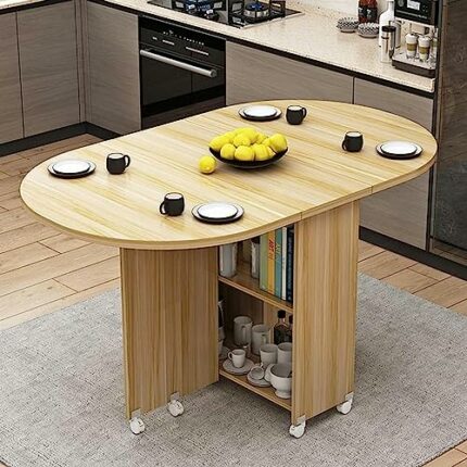 Shykey Drop Leaf Table, Folding Dining Table, Round Countertop Kitchen Table with Wheels, Multifunctional Extendable Table for Kitchen/Living Roo